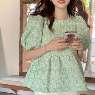 Puff-sleeve Floral Print Bow-back Midi A-line Dress