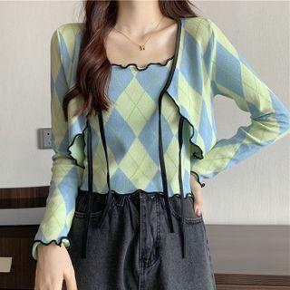 Lace-up Wavy Trim Long-sleeve Jacket / Argyle Camisole Top