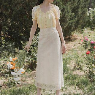 Set: Lace Panel Short-sleeve Blouse + Lace Midi A-line Skirt
