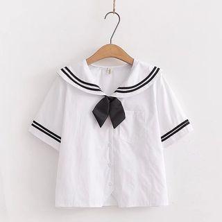 Short-sleeve Contrast Trim Blouse 4105 - White - One Size