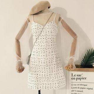 Set: Dotted Mesh Long-sleeve Top + Tweed Spaghetti Strap Pinafore Dress