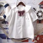 Set: Short-sleeve Bunny Collar Shirt + Plaid Ribbon Tie White - One Size