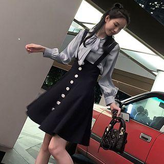Set: Bow Accent Blouse + High Waist Suspender Skirt