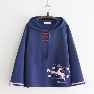 Deer Embroidered Frog-button Hooded Top