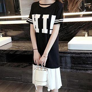 Pleated Hem Print Short-sleeve Midi Dress