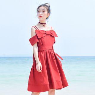 Bow Spaghetti Strap Short-sleeve Dress