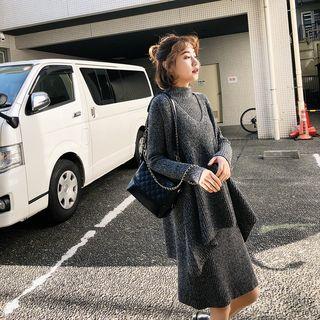 Set: Mock-neck Knit Dress + V-neck Knit Vest