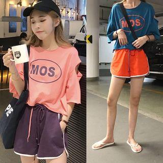Set: Elbow-sleeve Print Cut Out T-shirt + Piped Sweatshorts