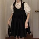 Set: Short-sleeve Frill Trim Blouse + Overall Dress