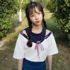 Color Panel Cut Out Shoulder Elbow Sleeve T-shirt