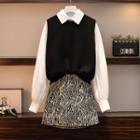 Long-sleeve Shirt / Knit Vest / Leopard Print Mini A-line Skirt / Set