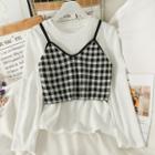 Set: Checkerboard Knit Vest + Embossed Puff-sleeve Top