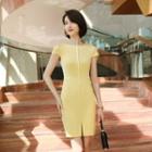 Short-sleeve Slit Mini Sheath Dress