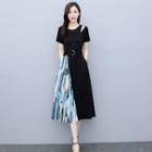 Short-sleeve Cut-out Striped Panel Midi A-line Dress