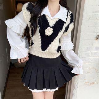 Long-sleeve Frilled Blouse / Flower-accent Knit Vest