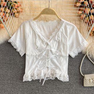Lace-trim Bow Detail V-neck Crop Top