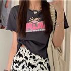 Short-sleeve Lettering Print T-shirt Dark Gray - One Size