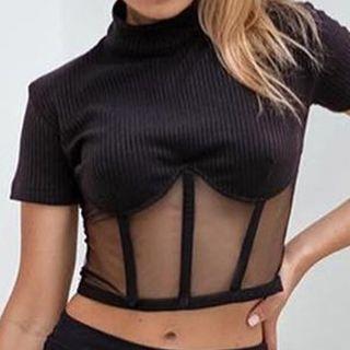 Mock-neck Mesh Crop Top