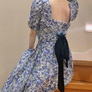 Puff-sleeve Ribbon Floral Midi A-line Dress