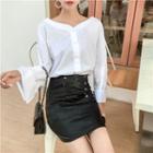 V-neck Long-sleeve Shirt / Faux Leather Mini Skirt