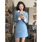 Long-sleeve Collar Mini A-line Dress Blue - One Size