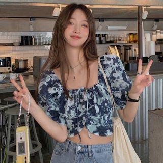 Puff-sleeve Floral Cropped Blouse Dark Blue & Light Green - One Size