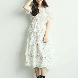 Dotted Short Sleeve Midi Layered Dress