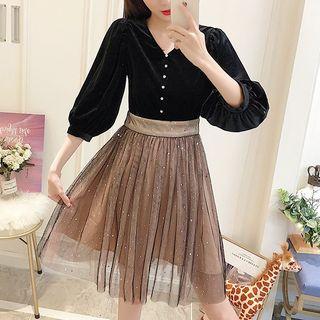 Puff Sleeve V-neck Velvet Panel Mesh Dress