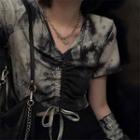 Short-sleeve Tie-dye Drawstring Crop Top Black & White - One Size