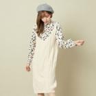 Set: Stand Collar Floral Print Blouse + V-neck Knitted Pinafore Dress Almond - One Size