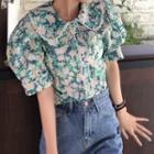 Short-sleeve Floral Print Blouse White & Green - One Size