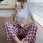 Short-sleeve Lettering Cropped T-shirt / Plaid Straight-cut Pants