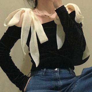 Long-sleeve Cold Shoulder Velvet Top Black - One Size