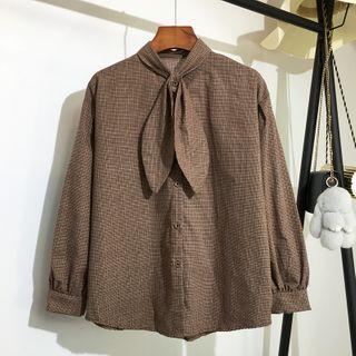 Tie-neck Plaid Blouse Coffee - One Size