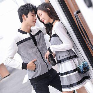 Couple Matching Color Panel Zip Jacket / Long-sleeve A-line Mini Dress