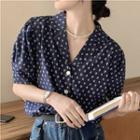 Puff-sleeve Collar Floral Shirt Blue - One Size