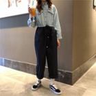 Long-sleeve Denim Panel Jumpsuit