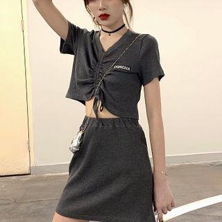 Set:lettering Embroidered V-neck Drawcord Short-sleeve Top + High-waist Skirt