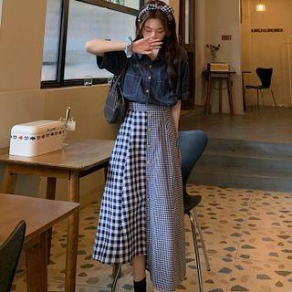 Short-sleeve Denim Shirt / Gingham Panel Midi Skirt