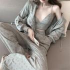 Smiley Face Print Zip-up Hoodie / Camisole Top / Wide-leg Pants
