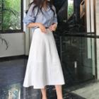 Short Sleeve V-neck Blouse / Striped Midi Skirt