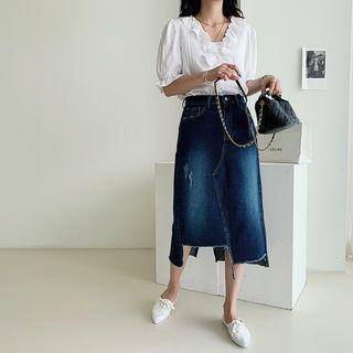 Distressed Asymmetric-hem Denim Midi Skirt