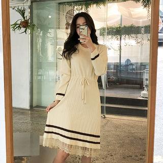 Drawstring-waist Lace-hem Knit Dress Cream - One Size