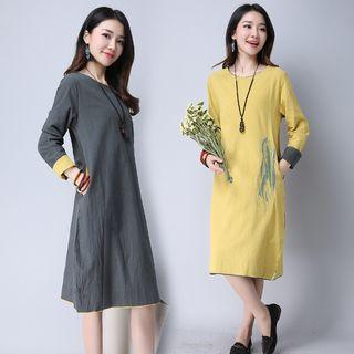 Panel Long-sleeve Linen Cotton Dress