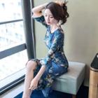 Flower Print Elbow-sleeve Ruffle Hem Sheath Dress