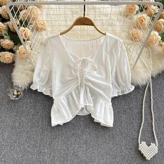 V-neck Drawstring Puff-sleeve Cropped Top