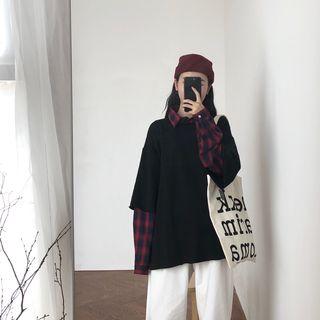 Plaid Panel Mock Two-piece Pullover Black - One Size