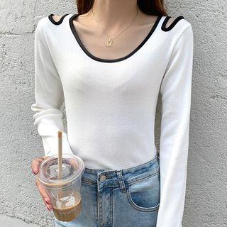 Long-sleeve Off-shoulder Contrast Trim Knit Top