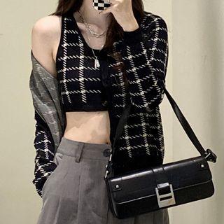 Set: Plaid Crop Tank Top + Cardigan Black - One Size