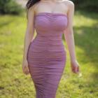 Strapless Ruched Midi Bodycon Dress